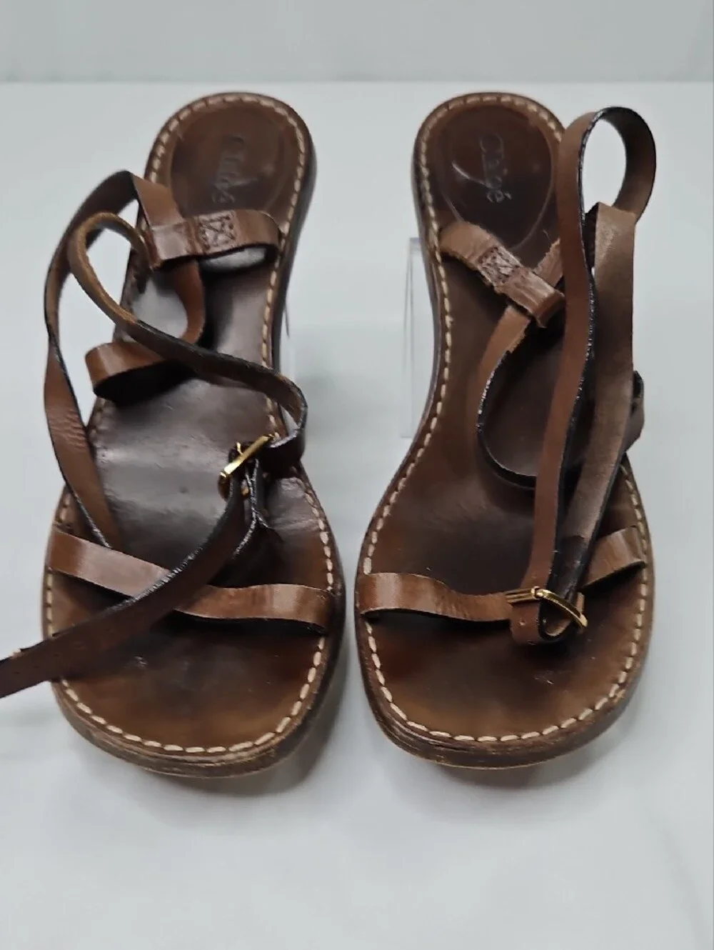 Chloe Brown Leather Strappy Gold Block  Sandals Size 39.5